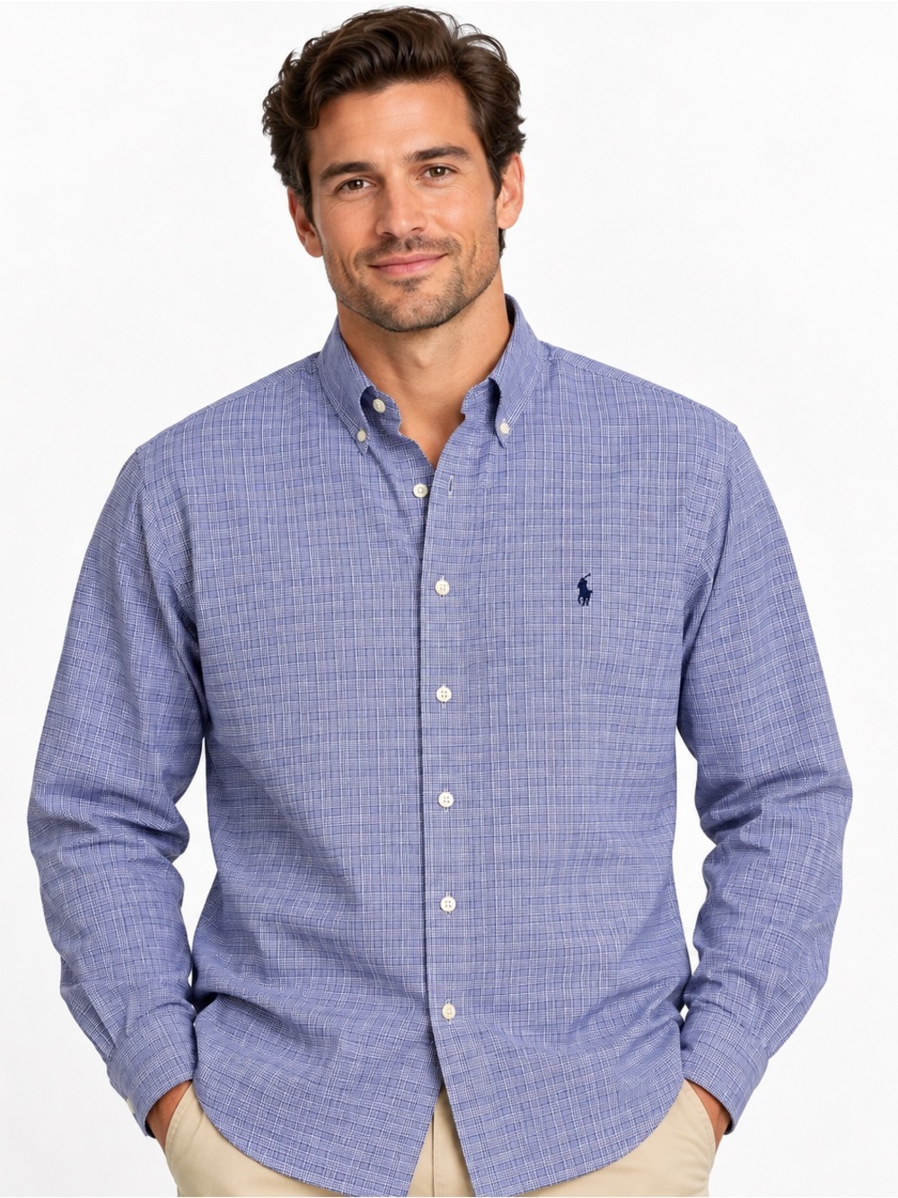 Ralph Lauren Yarmouth Shirt Mens 17 34/35 Blue Plaid Button Down Cotton Preppy